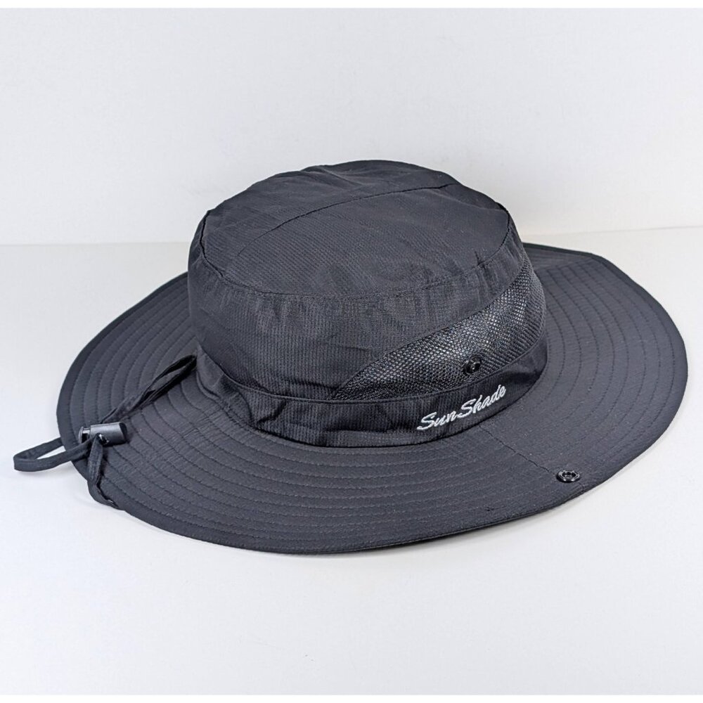 Sun Shade Bucket Hat Black Solid Womens Ponytail Hole in Back Beach Vacation